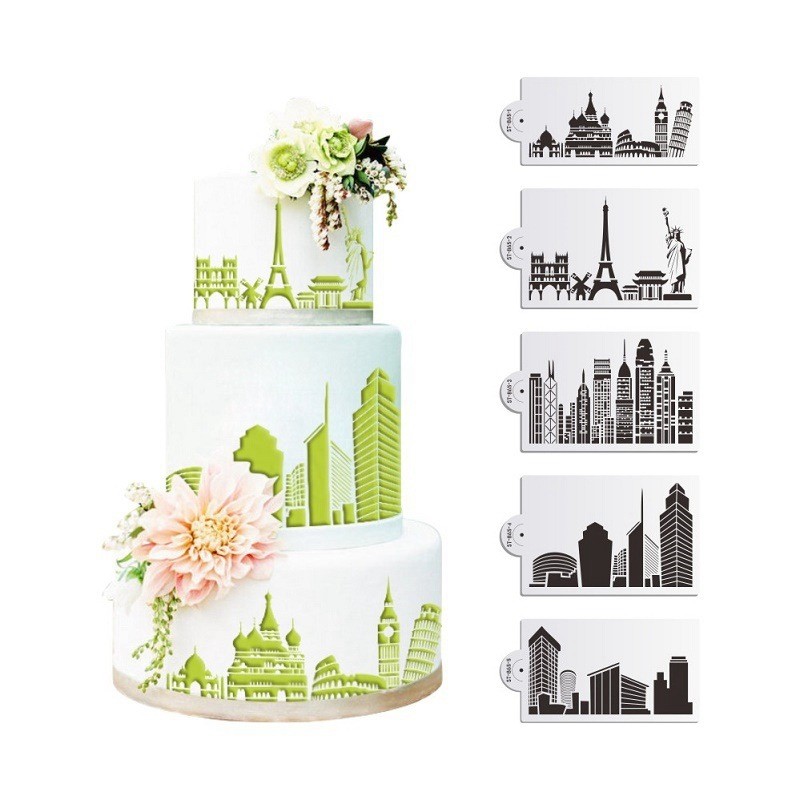 Aomily 5PCS/Set Buildings Cake Stencils Cookies Mousse MoldCoffee Cappuccino Template Baking Sugarcraft Cake Decorating Tools