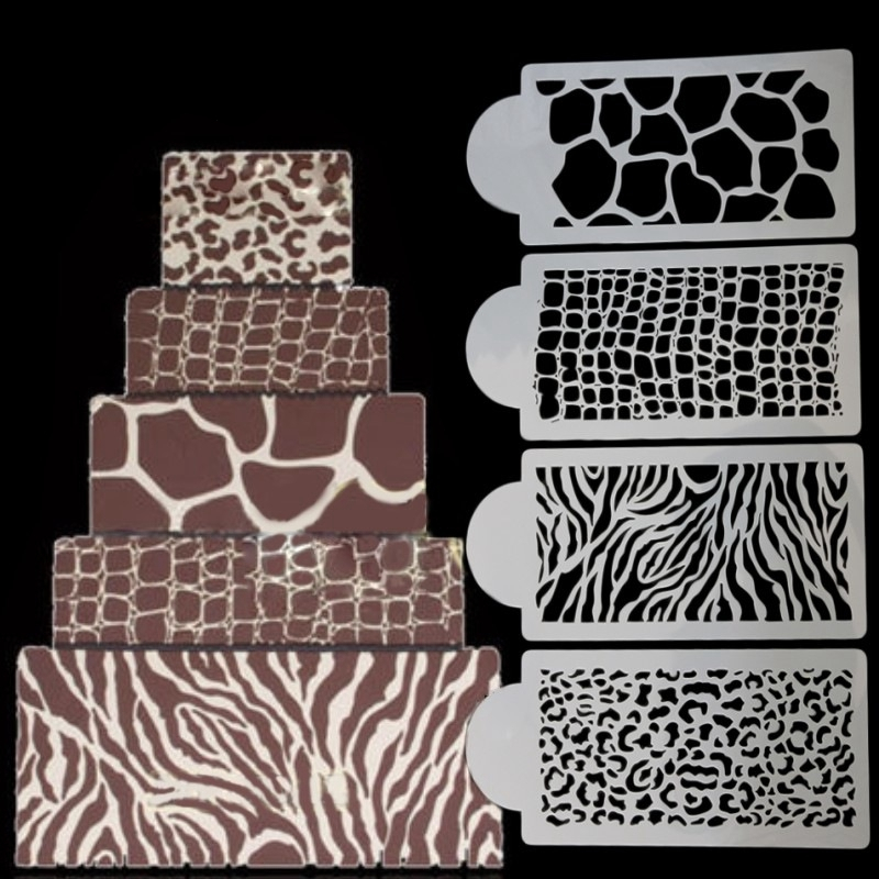 Aomily 4pcs/Set Zebra Leopard Print Wild Style Cake Stencil Airbrush Painting Mold Cookies Fondant Cake Mousse Decorating Molds