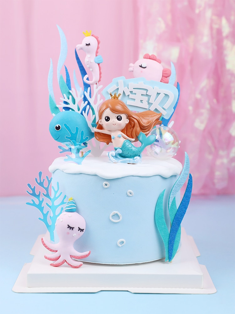 Mermaid sea Marine animal fish Hippocampus Whales Octopus Girl for Happy Birthday Cake Topper Kid Party Supplies Cake Decorating