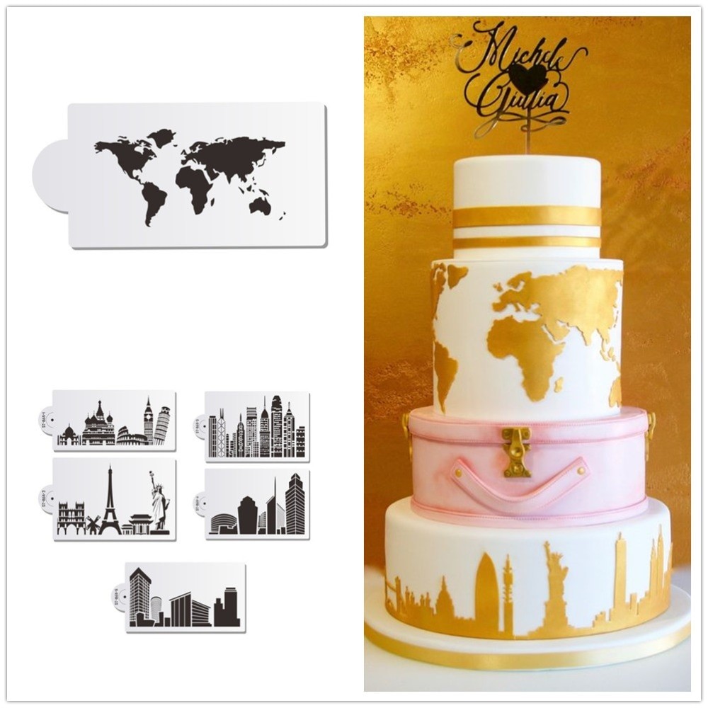 World Map & Landmark Building Cake Stencil Cake Design World Map and Landmark Building Cake Stencil